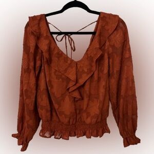 Anthropologie Textured Floral Blouse Sheer Long Sleeve Flowy Blouse Size XS